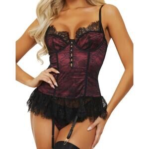 Seven Til Midnight Satin & Eyelash Lace Bustier Set Adult Women XL  Lingerie